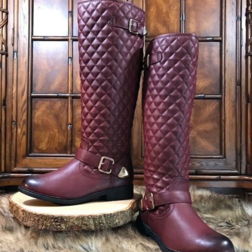 Nwot Diamond Quilted Burnished Burgundy Double Buckle Tall Shaft Boot